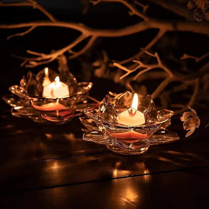 Glass Lotus Flower Tea Light Candle Holder Set