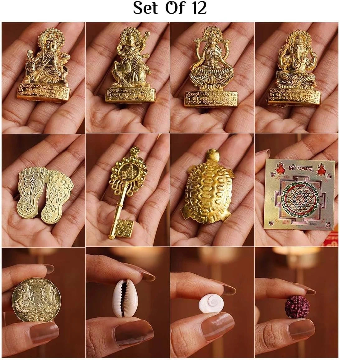Dhan Laxmi Kuber Bhandari Yantra - Set of 12 Brass Items