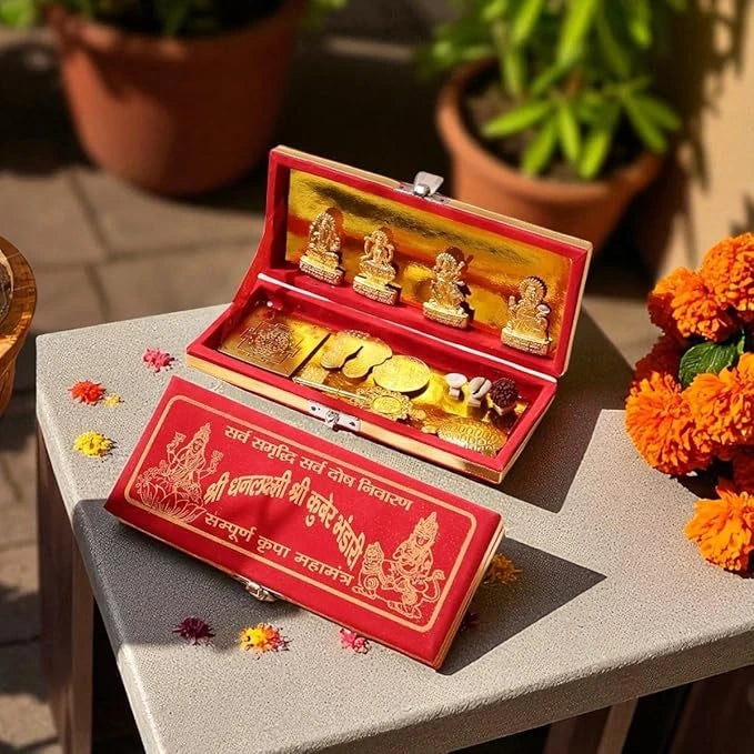 Dhan Laxmi Kuber Bhandari Yantra - Set of 12 Brass Items